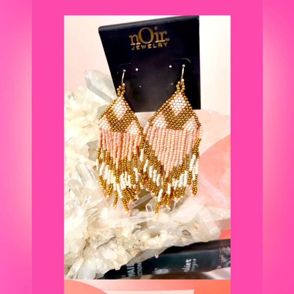 New Noir beaded Pink and white Bohemian Earrings with Rose Gold